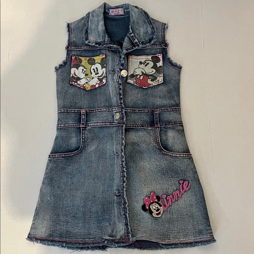 Disney Minnie Jean girls dress with metal buttons front edged in red thread